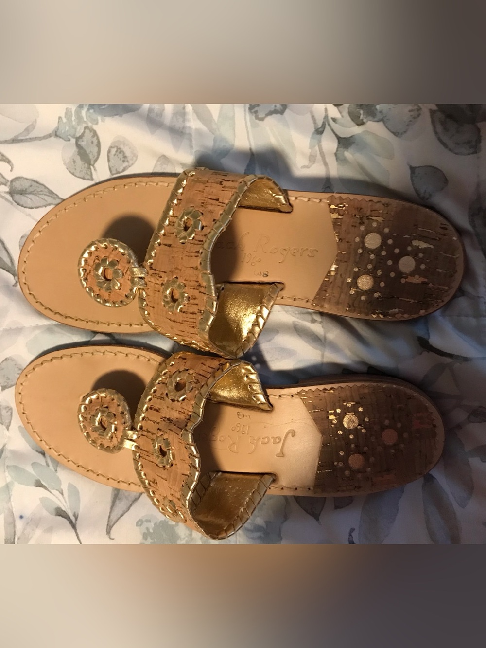 Jack Rogers Metallic Gold Cork Logo Sandals, Sz 8M EUC